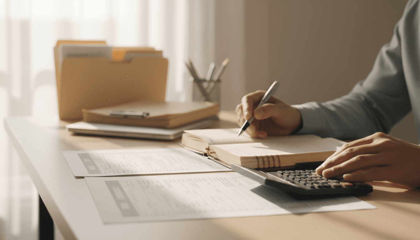 Tax professional reviewing financial documents and calculations at a clean workspace