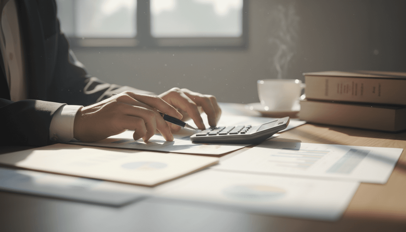 Professional reviewing financial documents and tax paperwork at a desk