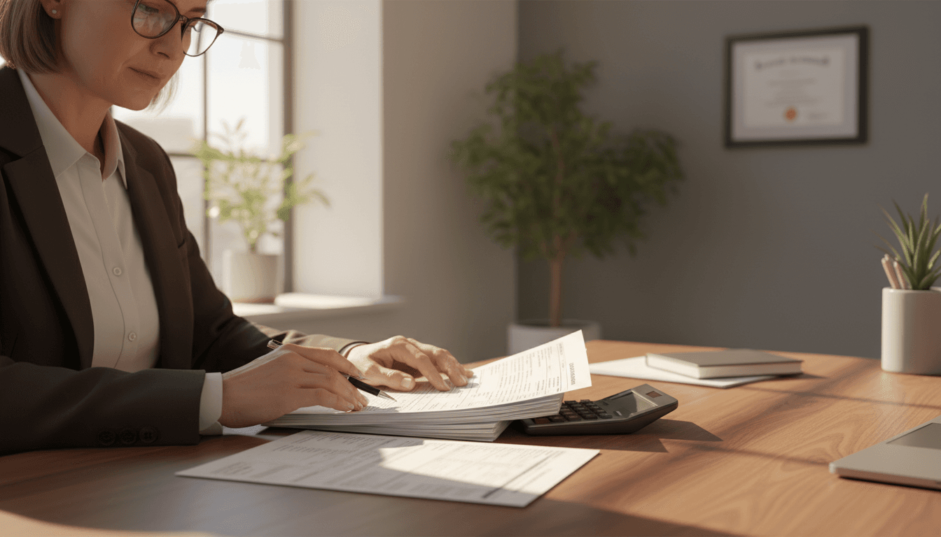 Tax professional reviewing financial documents at desk