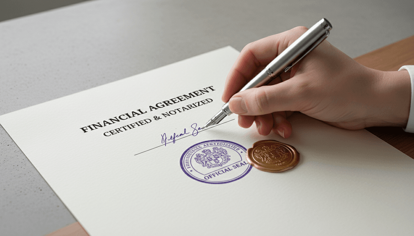 Close-up of notarized document being signed