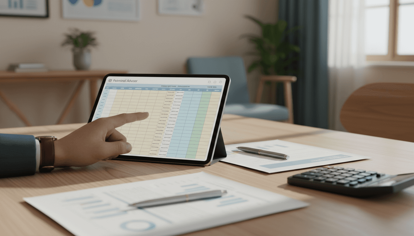 Professional financial advisor reviewing organized financial documents with clear spreadsheets on a wooden desk in natural lighting