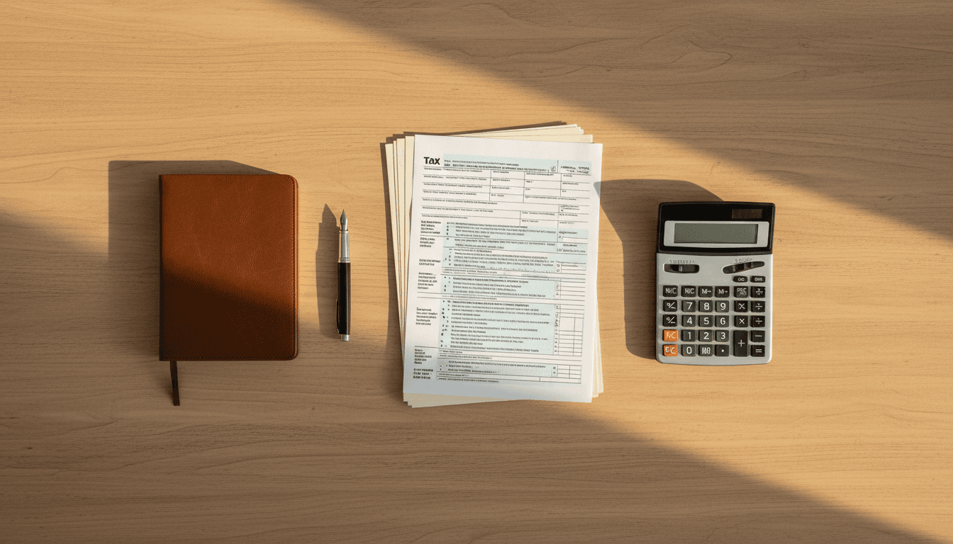 Tax preparation tools and organized financial documents representing comprehensive service