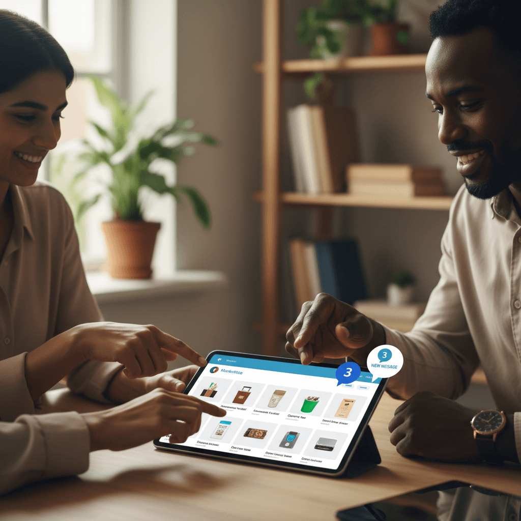Diverse professionals examining marketplace product listings on tablet with integrated chat interface visible