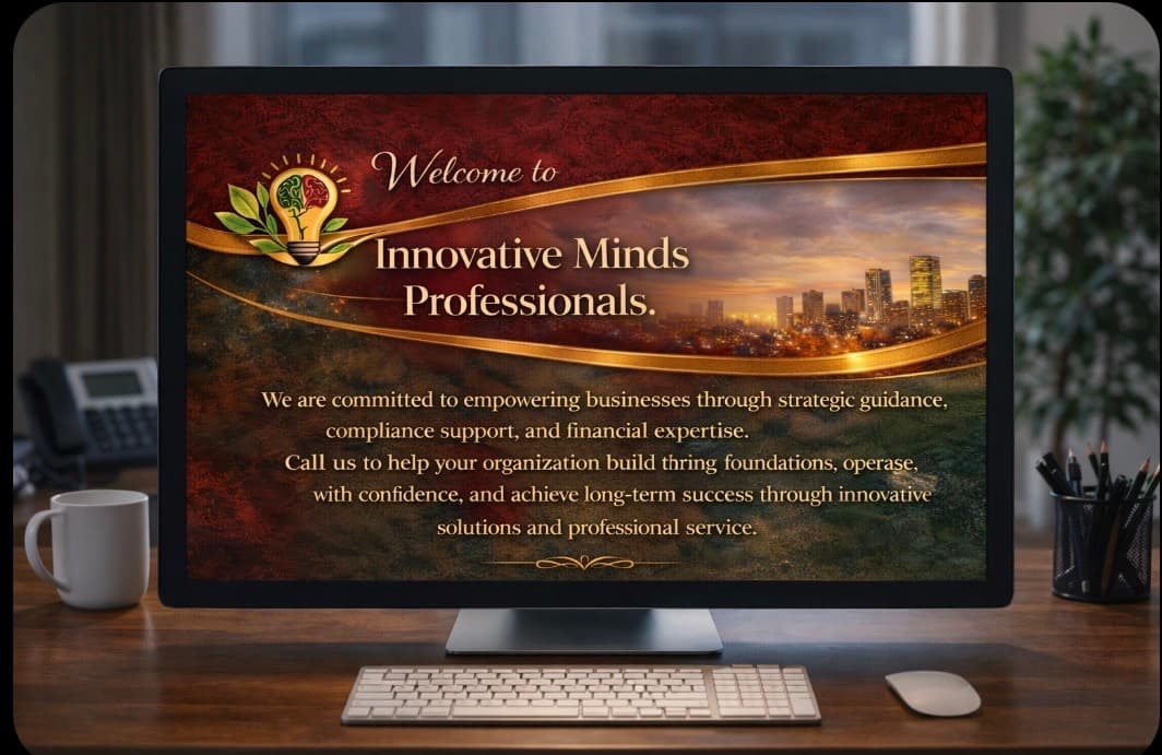 Computer monitor displaying Innovative Minds Professionals website featuring a lightbulb logo and city skyline background.
